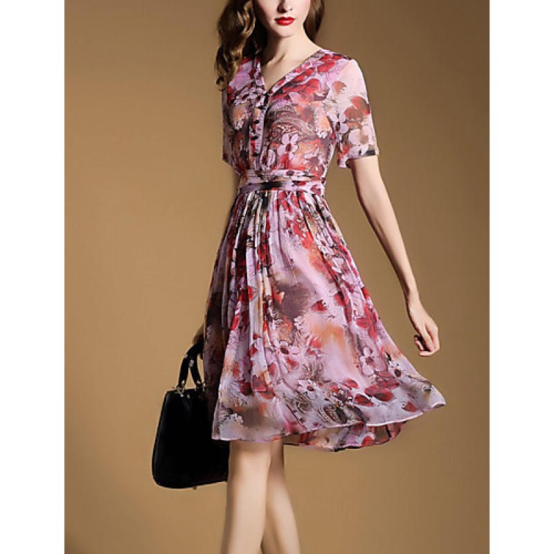 ACGCUL Women's Vintage Print Sheath Dress,V Neck Knee-length Silk