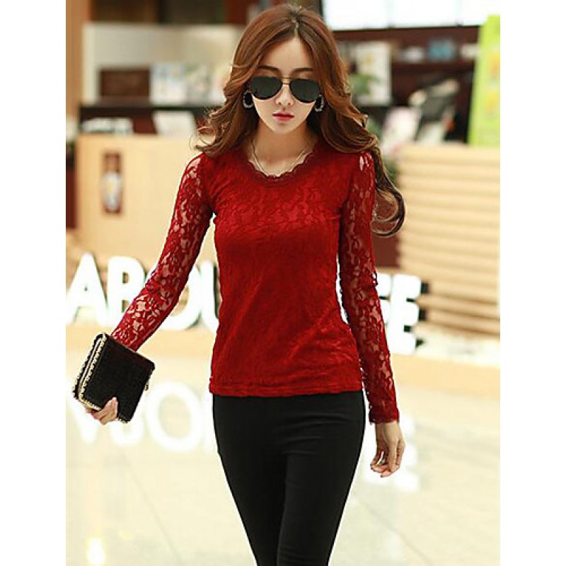 ACGCUL Women's Casual/Daily Simple Fall Blouse,Solid Round Neck Long Sleeve Red / White / Black Cotton / Rayon / Polyester Thin