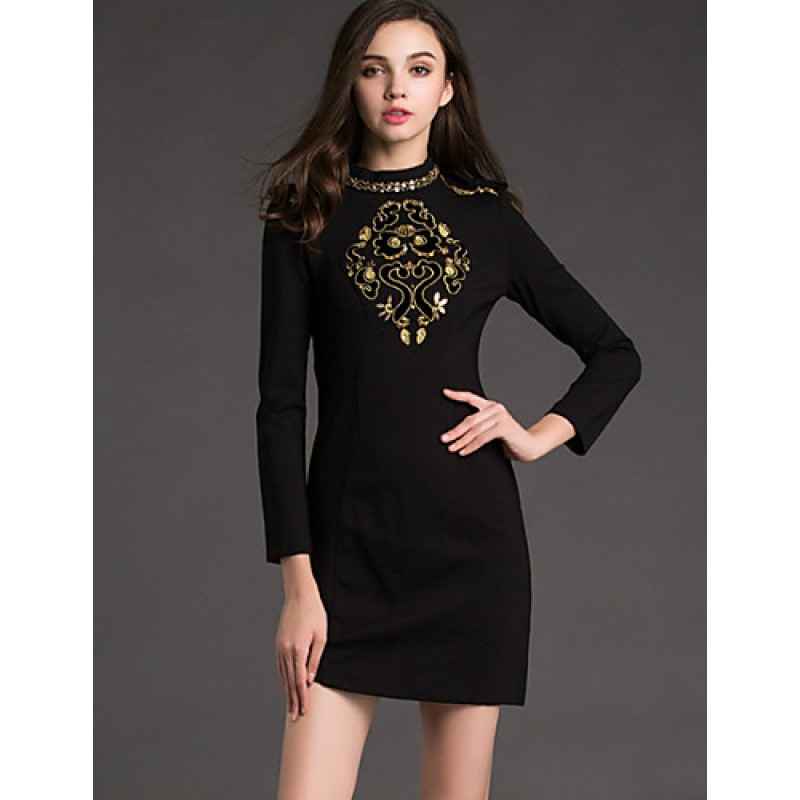 ACGCUL Women's Work Shift Dress,Jacquard Crew Neck Mini Long Sleeve Black Cotton / Polyester Spring