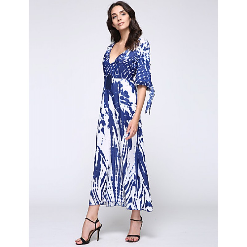 ACGCUL New Boho Maxi Dress Contrast Print Deep V-Neck Side Zipper 3/4 Sleeve Beach Evening Party Long