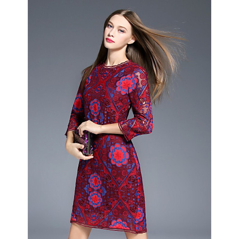 ACGCUL Boutique S Women's Going out Vintage Sheath Dress,Floral Round Neck Above Knee ? Sleeve Red Polyester