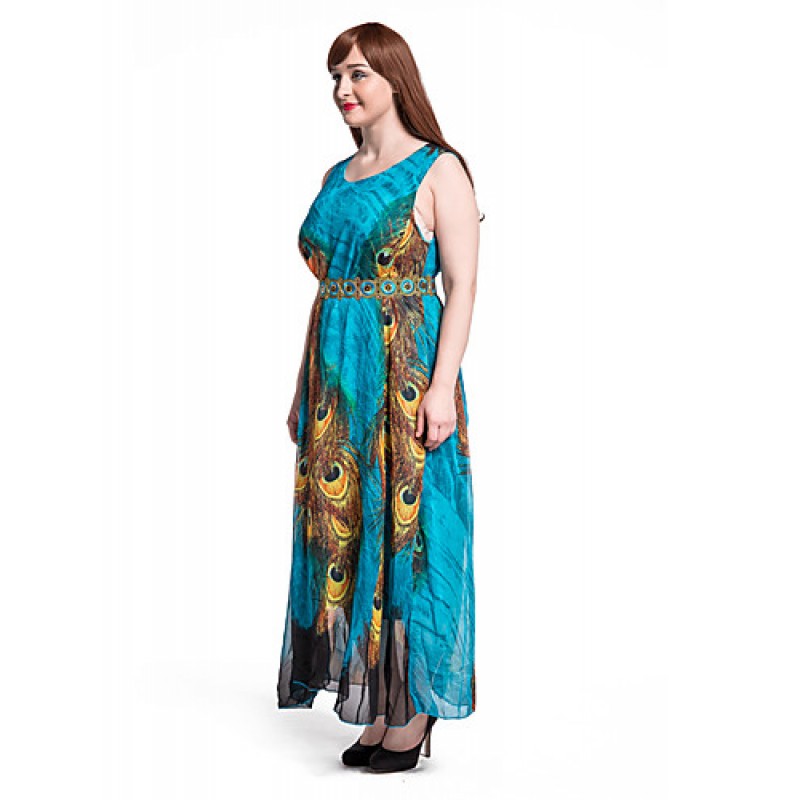 ACGCUL Women's Beach Plus Size / Swing Dress,Animal Print Round Neck Maxi Sleeveless Blue Polyester Summer