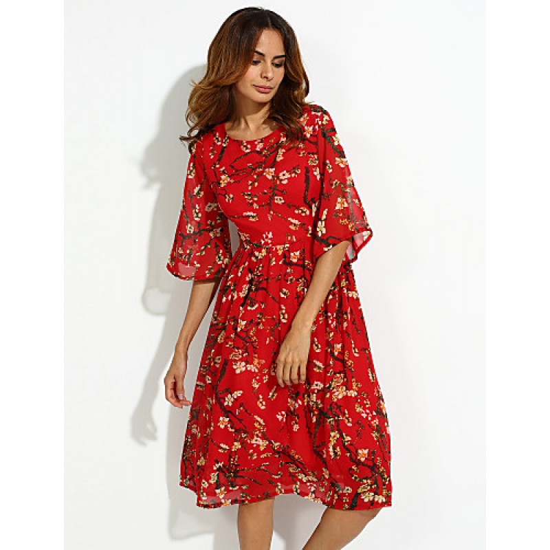 ACGCUL Women's Casual/Daily Boho / Street chic Plus Size / Chiffon Dress,Floral Round Neck Midi ? Length Sleeve Red Silk Summer