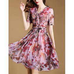 ACGCUL Women's Vintage Print Sheath Dress,V Neck Knee-length Silk