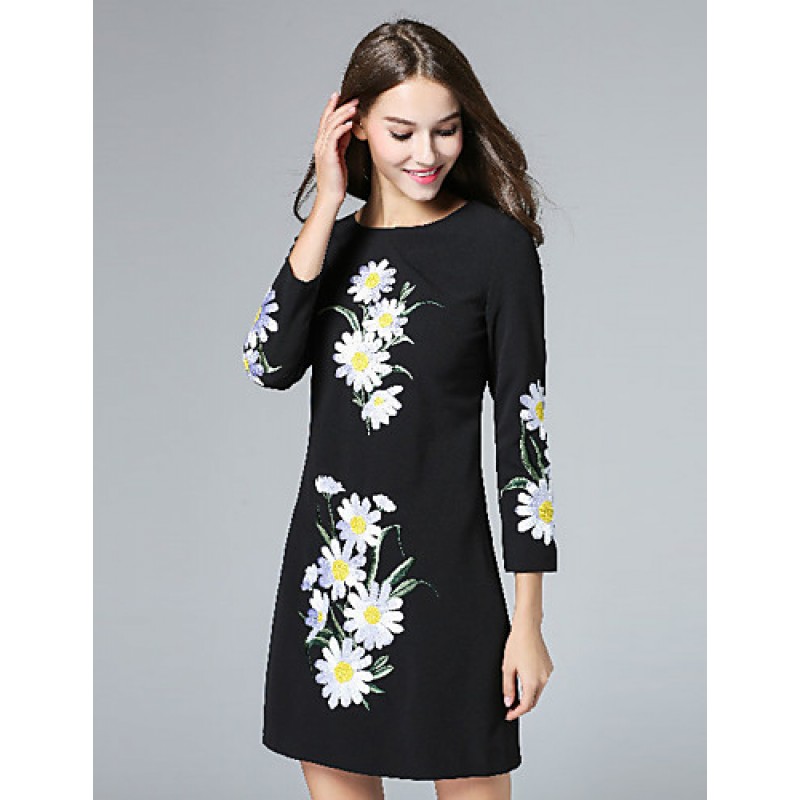 ACGCUL Boutique S Women's Casual/Daily Vintage Shift Dress,Embroidered Round Neck Above Knee Long Sleeve Polyester Fall