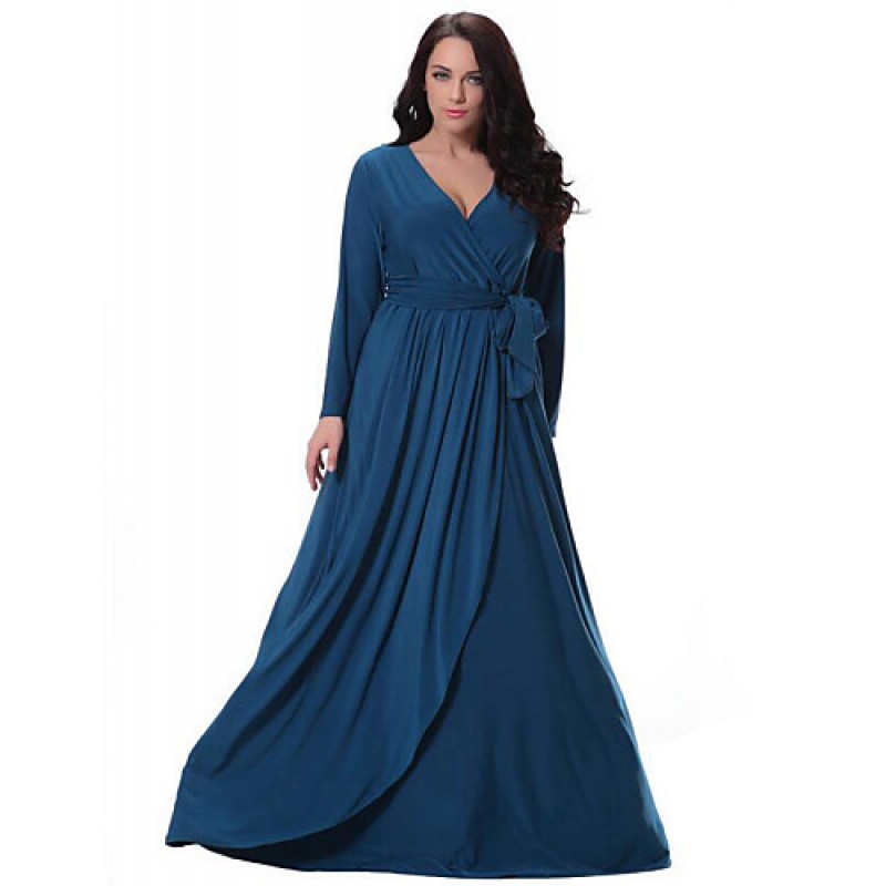 ACGCUL Women's Party/Cocktail Plus Size Plus Size Dress,Solid V Neck Midi Long Sleeve Blue Spandex Fall