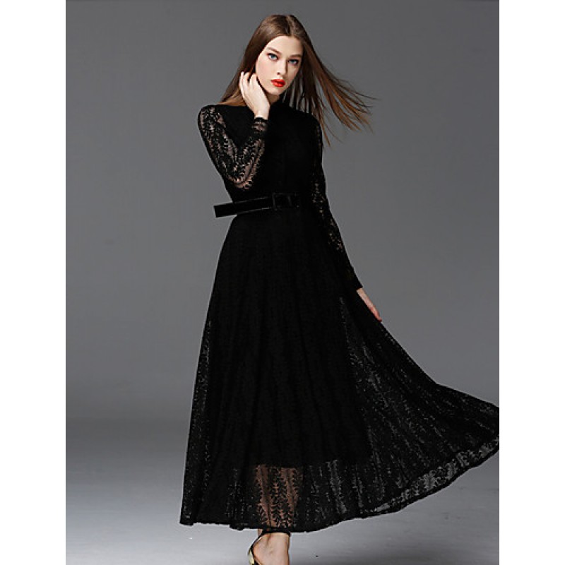 ACGCUL  Women's Work Vintage DressSolid Stand Maxi Long Sleeve Black Cotton / Polyester / Nylon