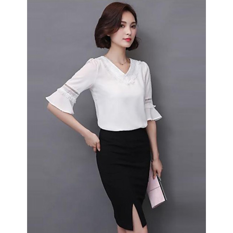 ACGCUL Women's Going out Street chic Fall Blouse,Solid V Neck ? Length Sleeve White Polyester Thin