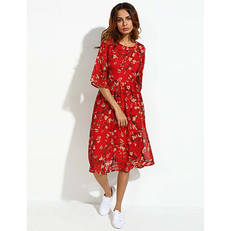 ACGCUL Women's Casual/Daily Boho / Street chic Plus Size / Chiffon Dress,Floral Round Neck Midi ? Length Sleeve Red Silk Summer