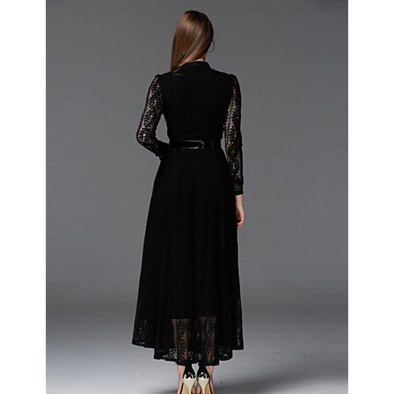 ACGCUL  Women's Work Vintage DressSolid Stand Maxi Long Sleeve Black Cotton / Polyester / Nylon