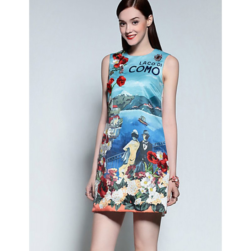 ACGCUL Boutique S Women's Casual/Daily Cute A Line Dress,Print Round Neck Above Knee Sleeveless Blue Cotton Summer