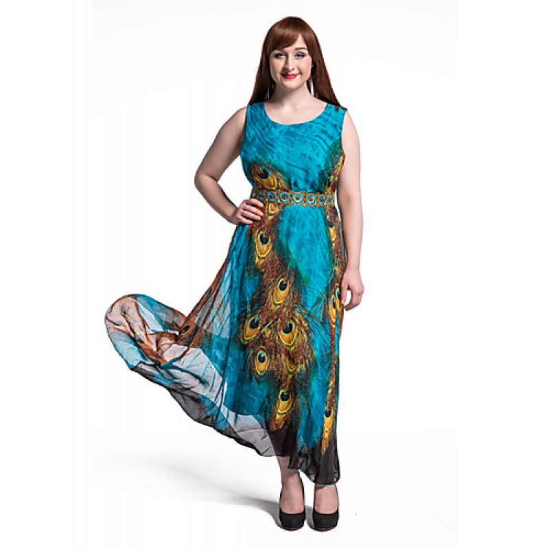 ACGCUL Women's Beach Plus Size / Swing Dress,Animal Print Round Neck Maxi Sleeveless Blue Polyester Summer