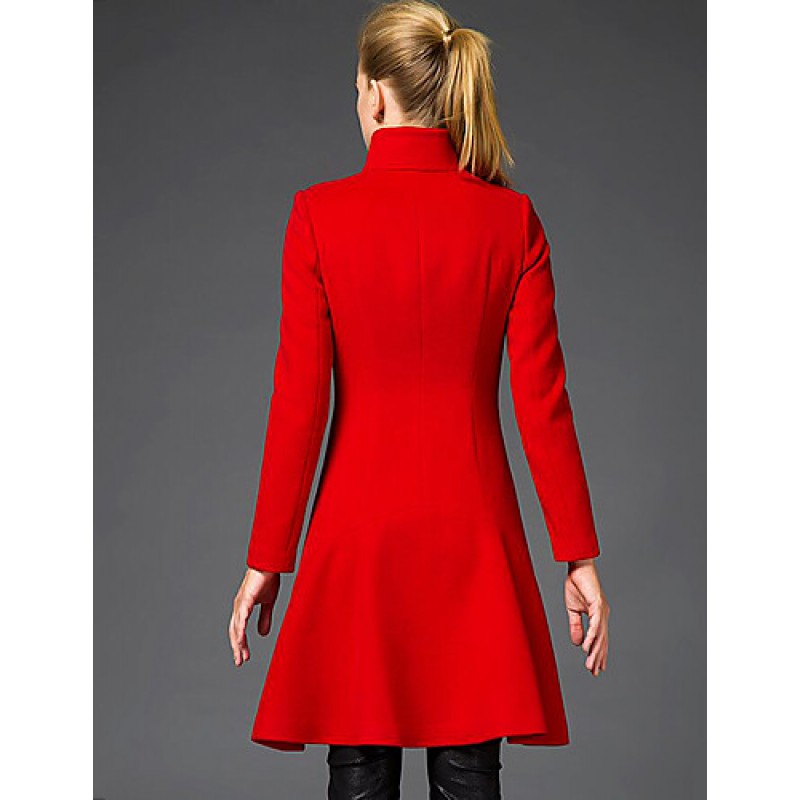 ACGCUL Women's Going out Sophisticated Coat,Solid Stand Long Sleeve Winter Red / Black Wool Medium