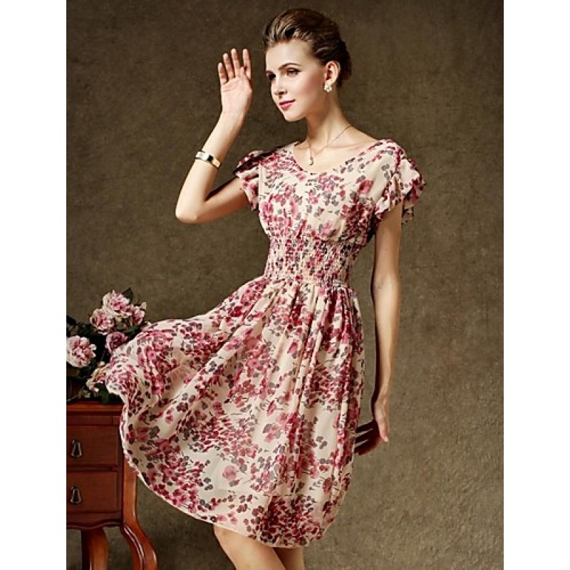 ACGCUL Women's Vintage Short Sleeve Floral Print Chiffon Dress