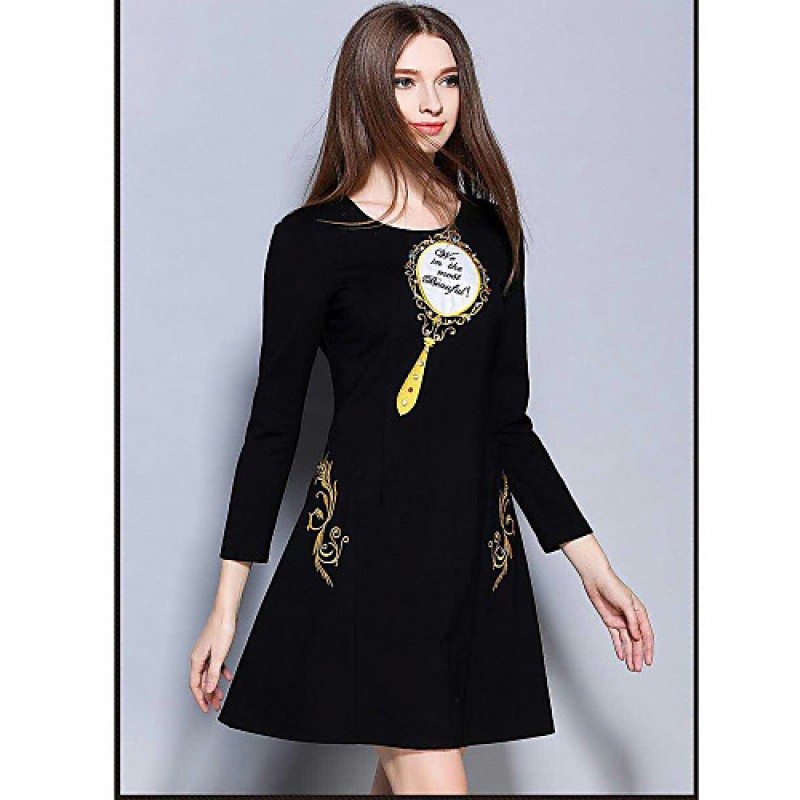 ACGCUL  Women's Casual/Daily Simple Sheath DressEmbroidered Round Neck Above Knee Long Sleeve Black