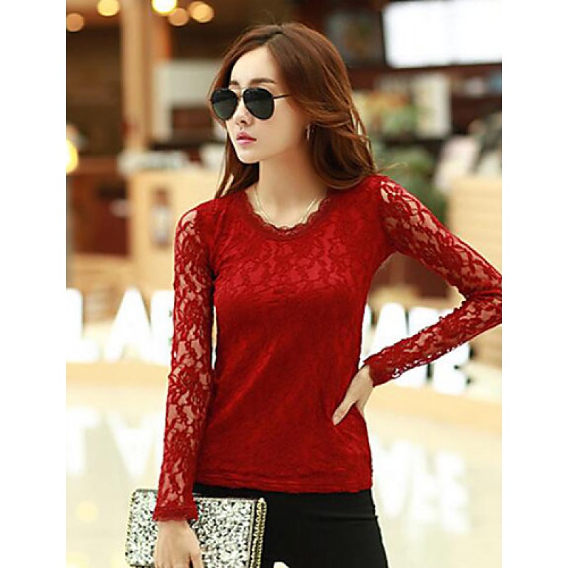 ACGCUL Women's Casual/Daily Simple Fall Blouse,Solid Round Neck Long Sleeve Red / White / Black Cotton / Rayon / Polyester Thin