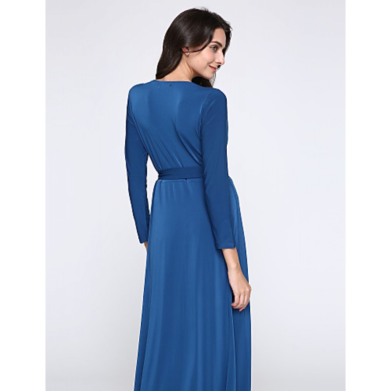 ACGCUL Women's Party/Cocktail Plus Size Plus Size Dress,Solid V Neck Midi Long Sleeve Blue Spandex Fall