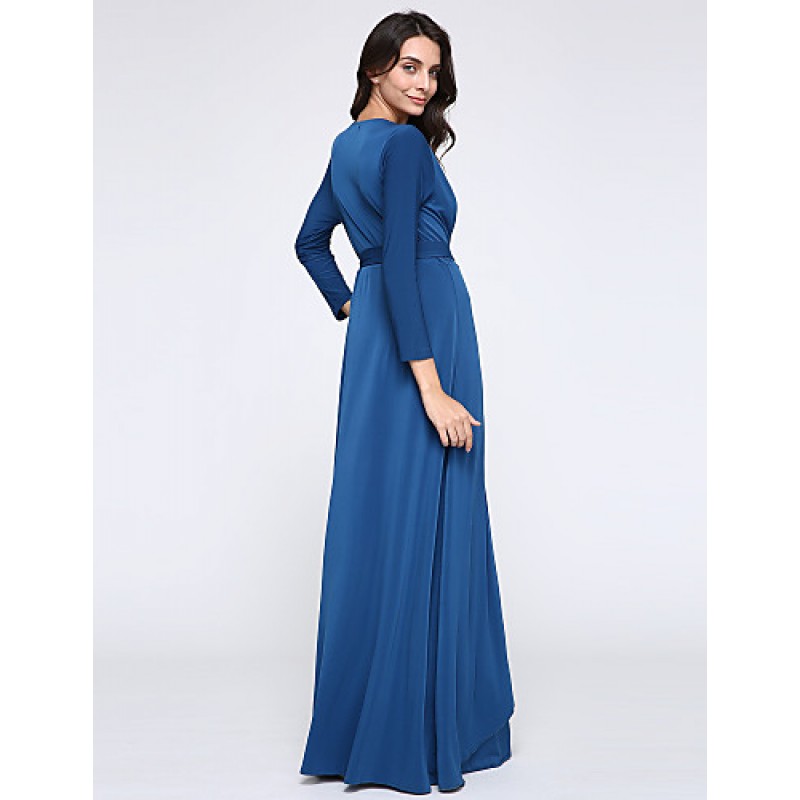 ACGCUL Women's Party/Cocktail Plus Size Plus Size Dress,Solid V Neck Midi Long Sleeve Blue Spandex Fall