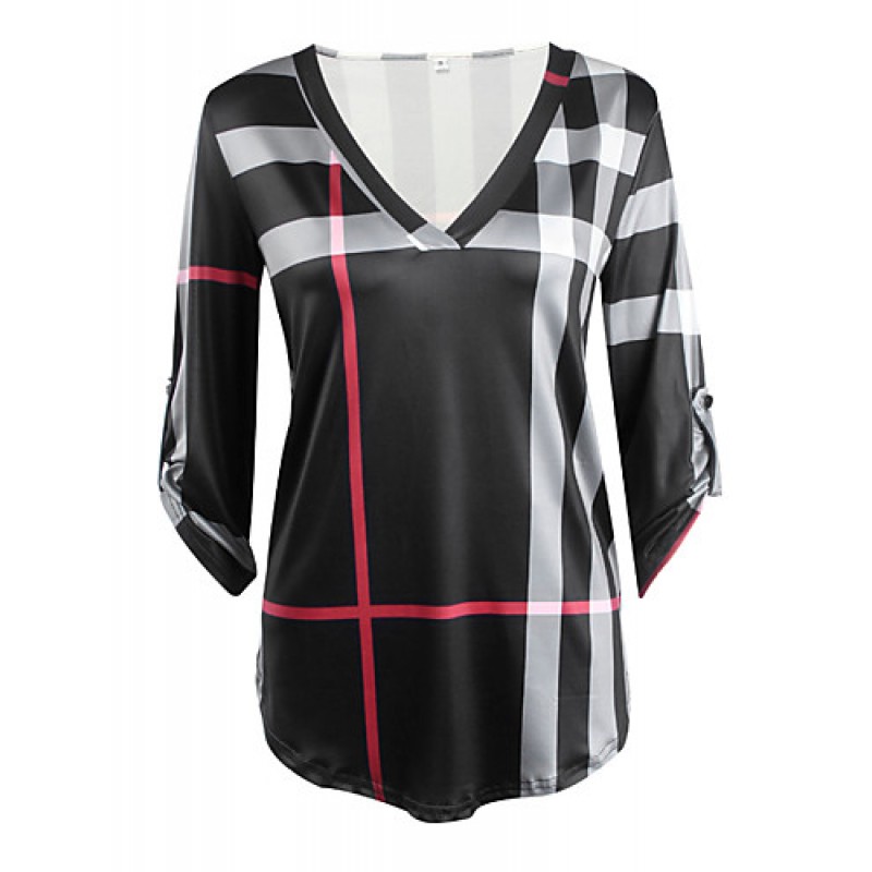 ACGCUL Women's Casual/Daily Vintage / Simple Fall / Winter T-shirtPlaid V NeckSleeve Pink / White / Black Cotton / Rayon Thin