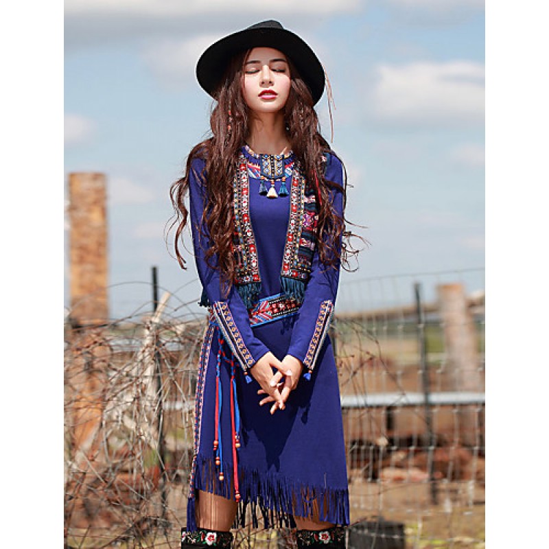 ACGCUL Our StoryGoing out Vintage Sheath DressPaisley Round Neck Midi Long Sleeve Blue Polyester / Spandex Spring