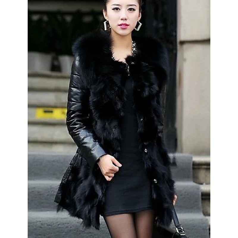 ACGCUL Women's Winter Fox Fur Leather Coat