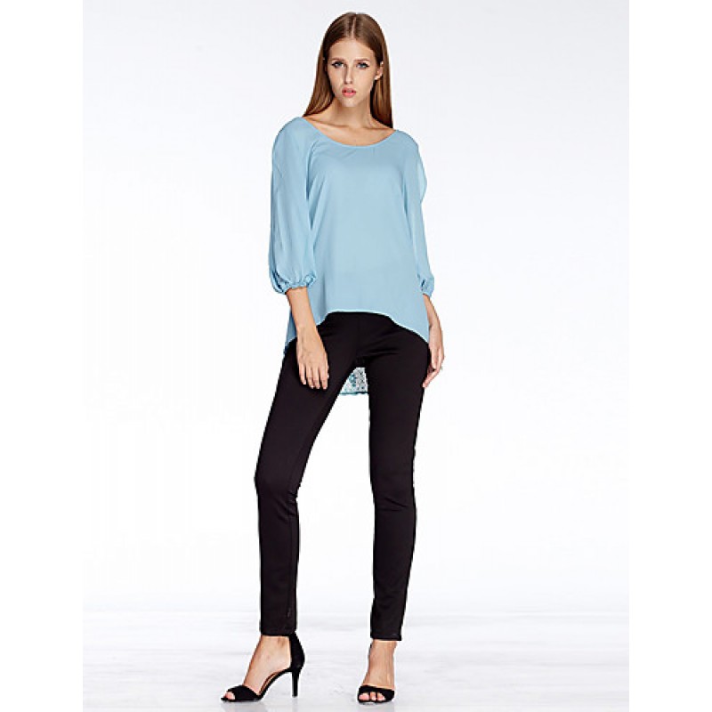 ACGCUL Women's Going out Simple Summer Blouse,Solid Round Neck ? Sleeve Blue Polyester Thin