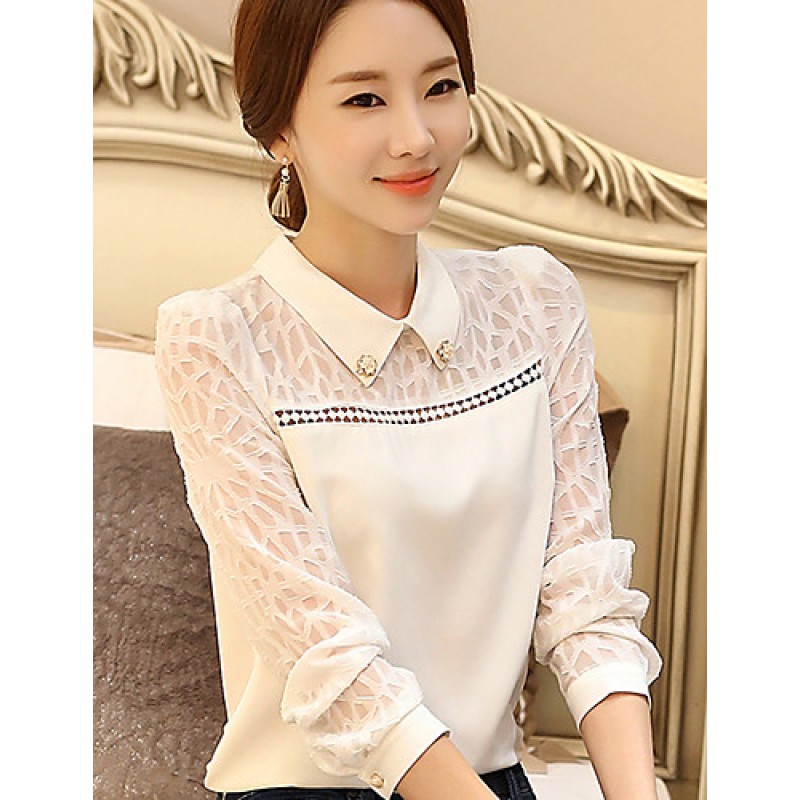 ACGCUL Women's Casual/Daily Simple Spring Shirt,Solid Shirt Collar Long Sleeve White Cotton Medium