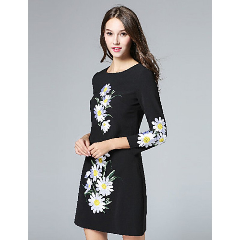 ACGCUL Boutique S Women's Casual/Daily Vintage Shift Dress,Embroidered Round Neck Above Knee Long Sleeve Polyester Fall