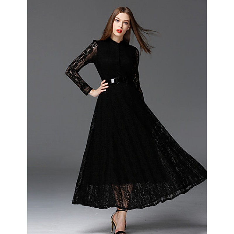 ACGCUL  Women's Work Vintage DressSolid Stand Maxi Long Sleeve Black Cotton / Polyester / Nylon