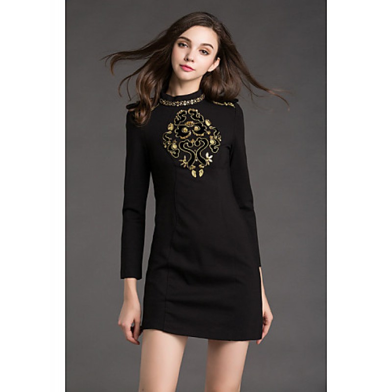 ACGCUL Women's Work Shift Dress,Jacquard Crew Neck Mini Long Sleeve Black Cotton / Polyester Spring