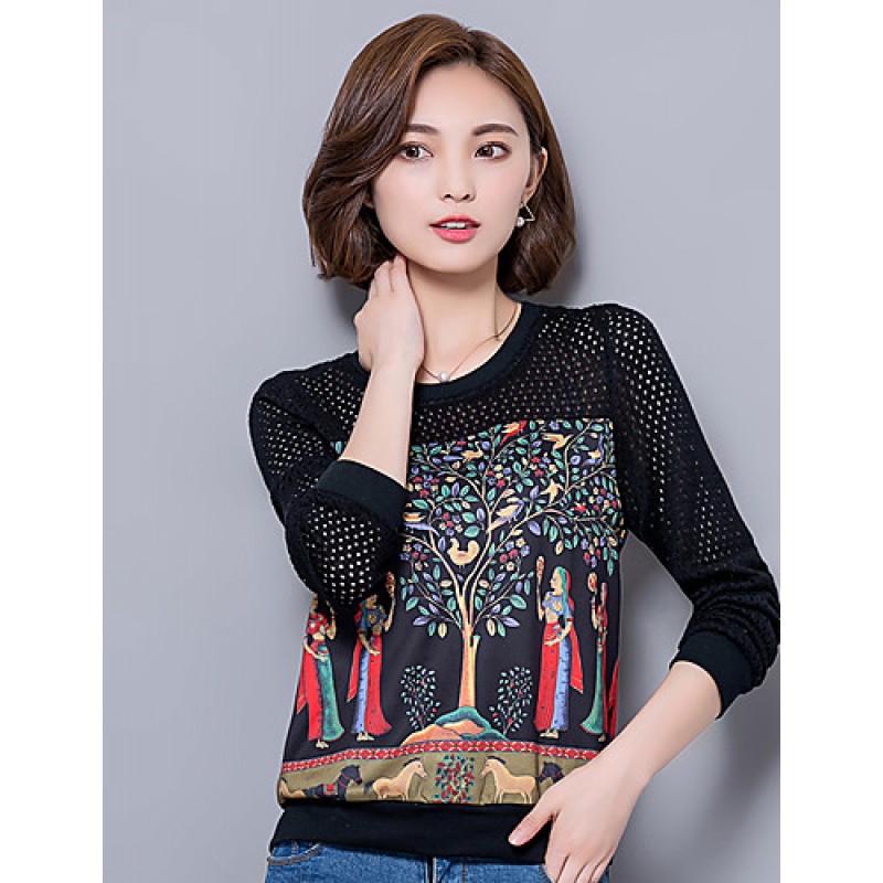 ACGCUL Women's Plus Size / Going out / Casual/Daily Street chic Spring / Fall T-shirtPrint / Patchwork Long Sleeve Black