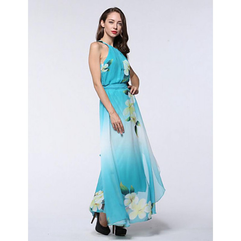 ACGCUL Women's Holiday / Plus Size Boho Chiffon Dress,Print Round Neck Maxi Sleeveless Blue Polyester Summer