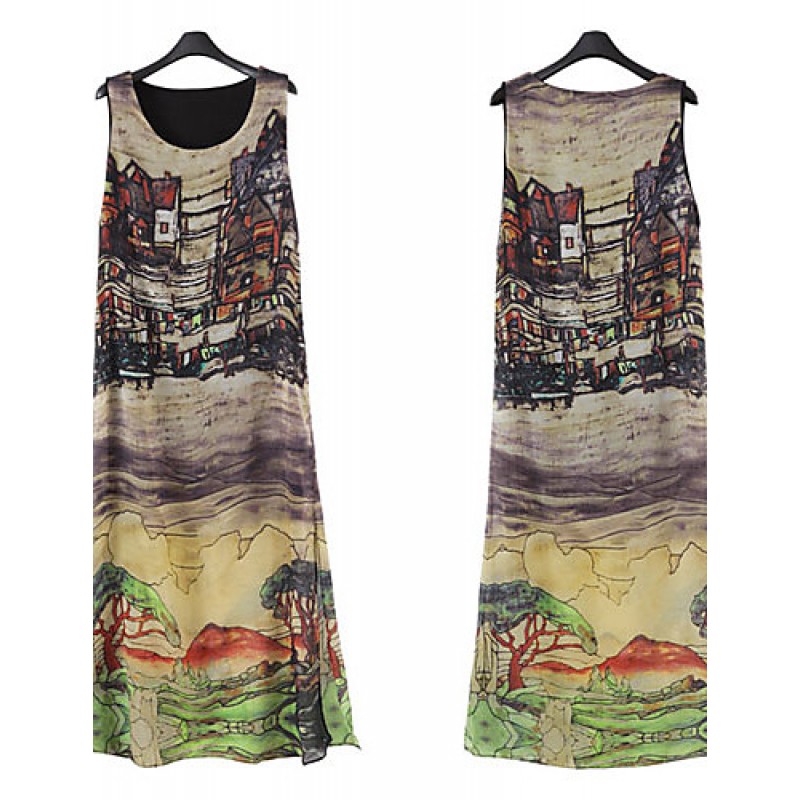 ACGCUL Women's Loose Dress,Print Round Neck Midi Sleeveless Summer