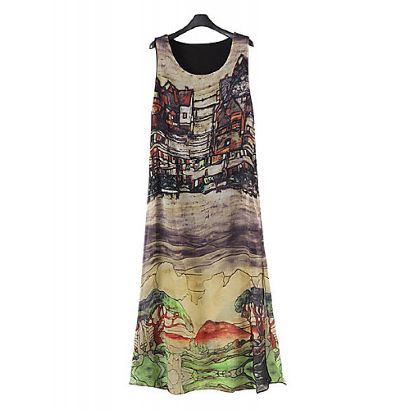 ACGCUL Women's Loose Dress,Print Round Neck Midi Sleeveless Summer