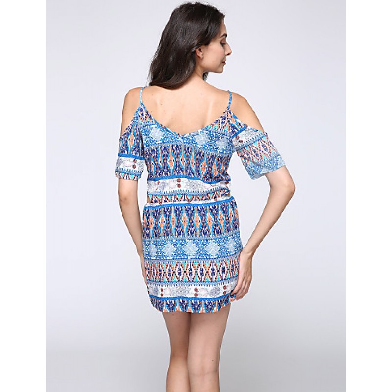 ACGCUL Women's Casual/Daily Boho Sheath Dress,Print Strap Above Knee Short Sleeve Blue Polyester Summer