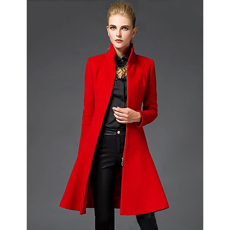 ACGCUL Women's Going out Sophisticated Coat,Solid Stand Long Sleeve Winter Red / Black Wool Medium