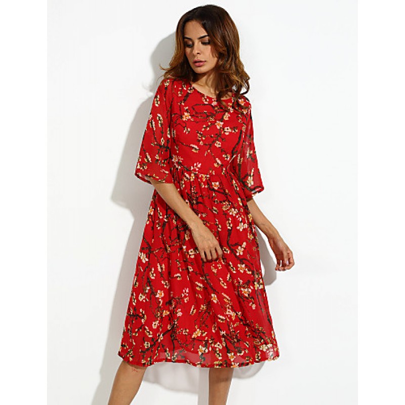 ACGCUL Women's Casual/Daily Boho / Street chic Plus Size / Chiffon Dress,Floral Round Neck Midi ? Length Sleeve Red Silk Summer