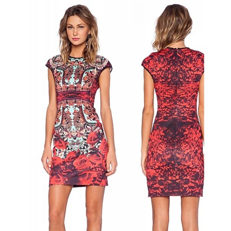 ACGCUL Women's Vintage Floral Sheath Printed Dress , Round Neck Knee-length Polyester