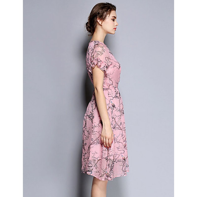 ACGCUL Women's Party/Cocktail Vintage Sheath / Chiffon Dress,Print Round Neck Knee-length Short Sleeve Pink Silk Summer