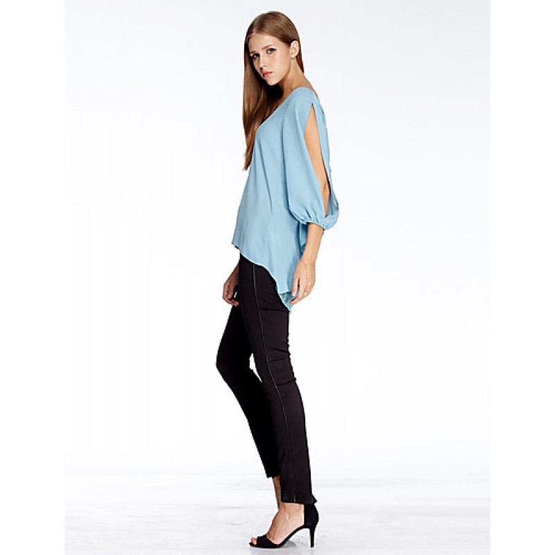 ACGCUL Women's Going out Simple Summer Blouse,Solid Round Neck ? Sleeve Blue Polyester Thin