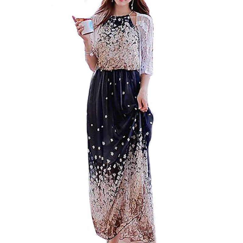 ACGCUL Women's Beach / Holiday Boho Chiffon / Swing Dress,Floral Halter Maxi Sleeveless Blue Polyester Spring / Summer Mid Rise Micro-elastic