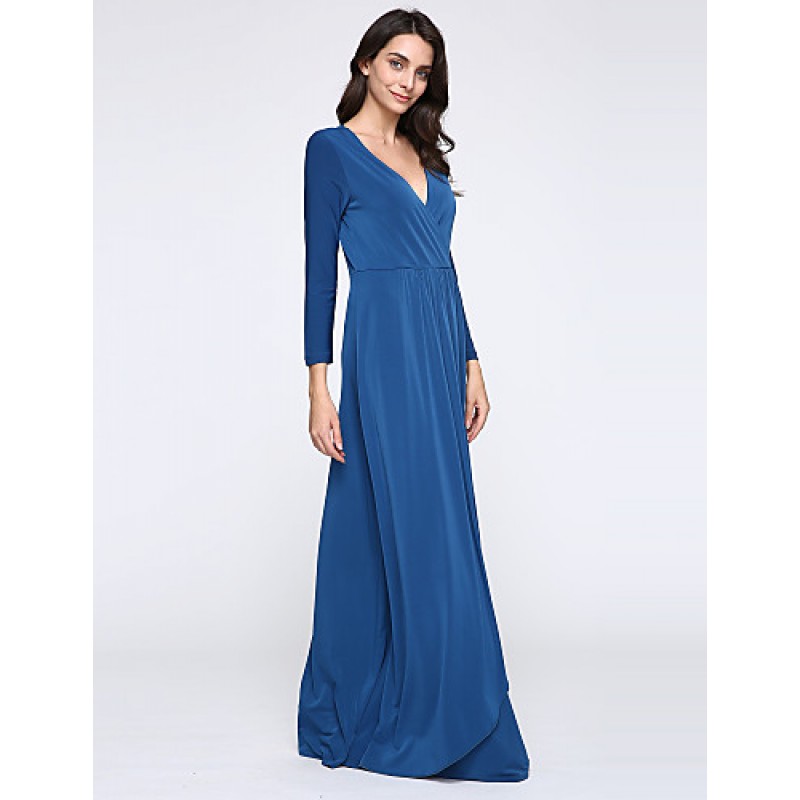 ACGCUL Women's Party/Cocktail Plus Size Plus Size Dress,Solid V Neck Midi Long Sleeve Blue Spandex Fall