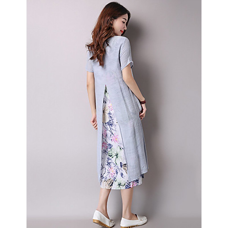 ACGCUL Women's Vintage Ethnic Print Floral Loose Dress,Casual/Daily Round Neck False two Midi Sweet Cotton / Linen