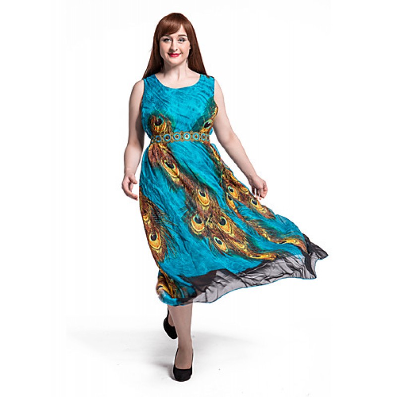 ACGCUL Women's Beach Plus Size / Swing Dress,Animal Print Round Neck Maxi Sleeveless Blue Polyester Summer