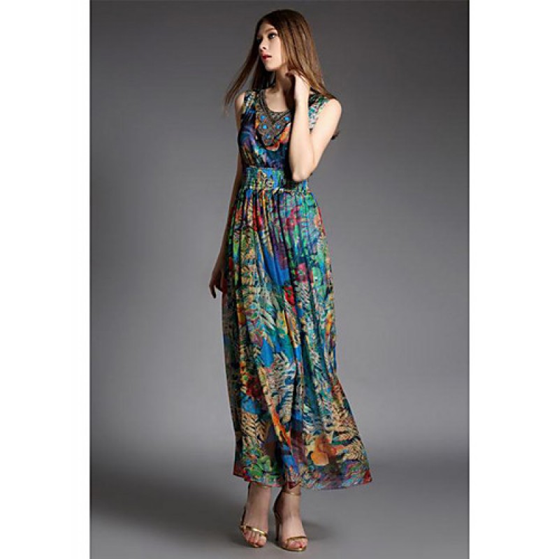 ACGCUL Going out Street chic Sheath Dress,Print V Neck Maxi Sleeveless Blue Silk Summer High Rise