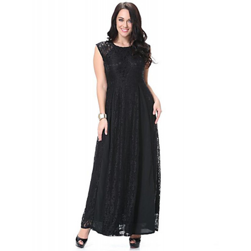 ACGCUL Women's Beach Plus Size / Lace Dress,Solid Round Neck Maxi Sleeveless Black Polyester Spring