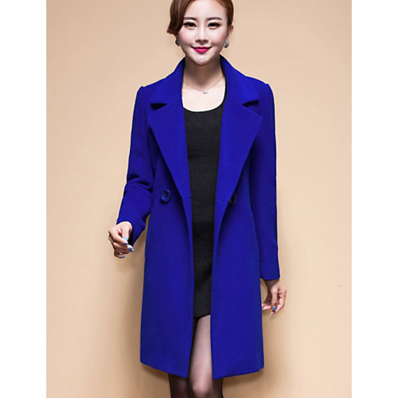 ACGCUL Women's Coat,Solid / Patchwork Peaked Lapel Long Sleeve Winter Blue / Black / Yellow Wool / Others Thick