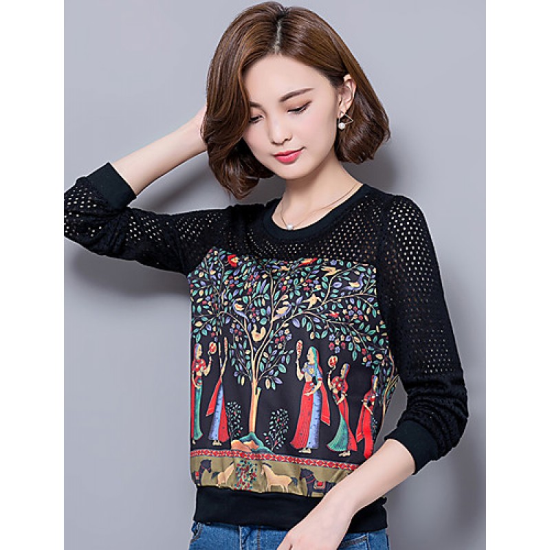 ACGCUL Women's Plus Size / Going out / Casual/Daily Street chic Spring / Fall T-shirtPrint / Patchwork Long Sleeve Black