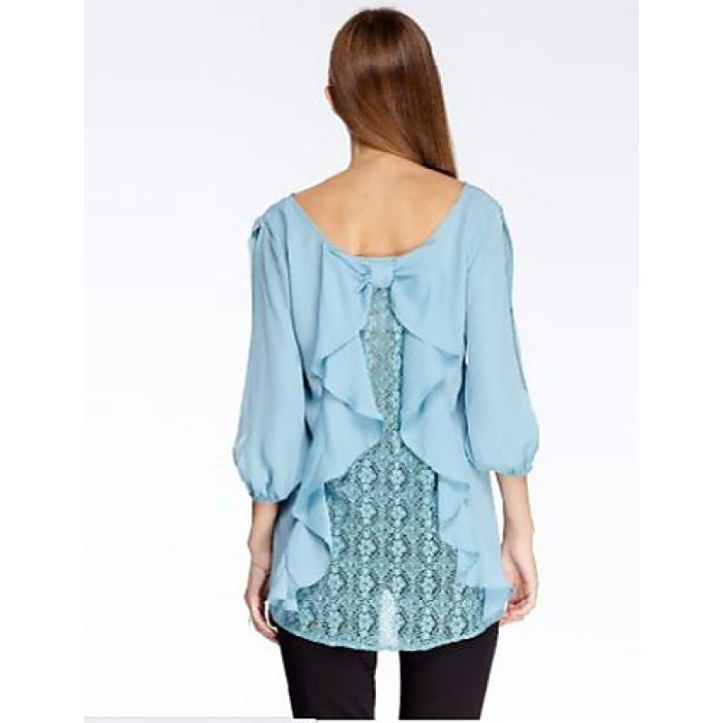 ACGCUL Women's Going out Simple Summer Blouse,Solid Round Neck ? Sleeve Blue Polyester Thin