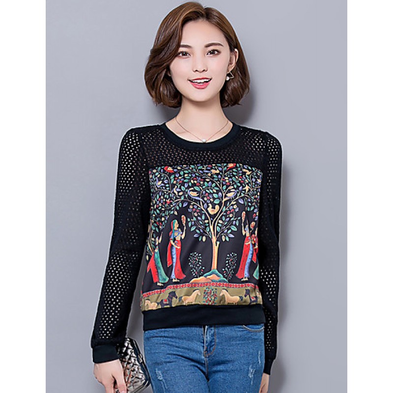 ACGCUL Women's Plus Size / Going out / Casual/Daily Street chic Spring / Fall T-shirtPrint / Patchwork Long Sleeve Black